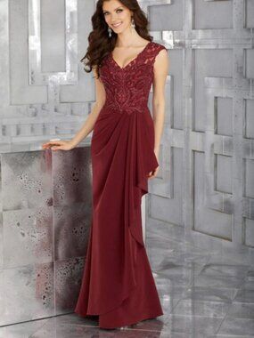 MGNY by Morilee Wine Burgundy Embroidered Beaded Crepe Gown